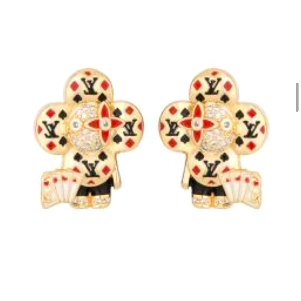 14K Gold Poker Player Cards Flower Doll Clover Pavé Iced Out Bling Stud Earring - Picture 1 of 11